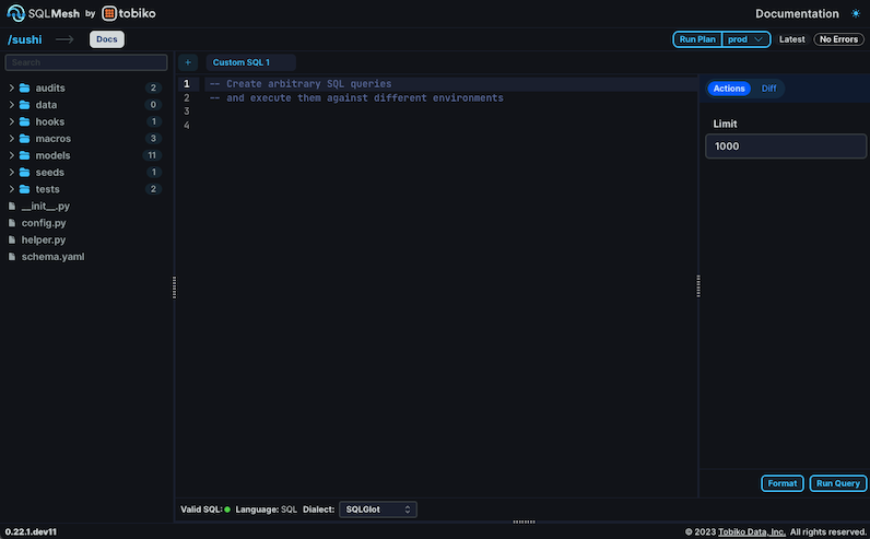 Figure 1: The free, open-source SQLMesh graphical user interface