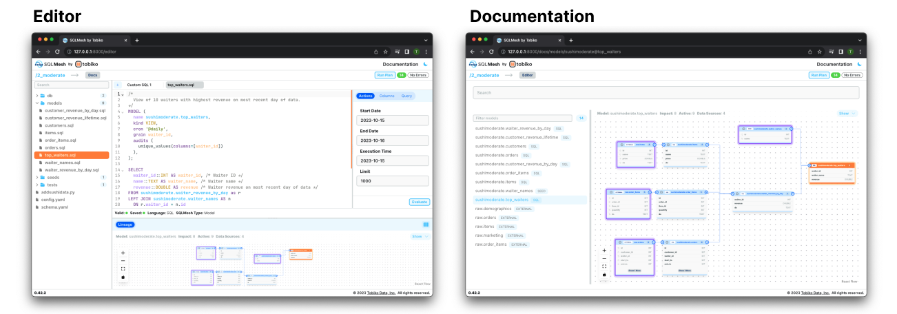 Figure 1: SQLMesh Browser UI Editor and Documentation Panes